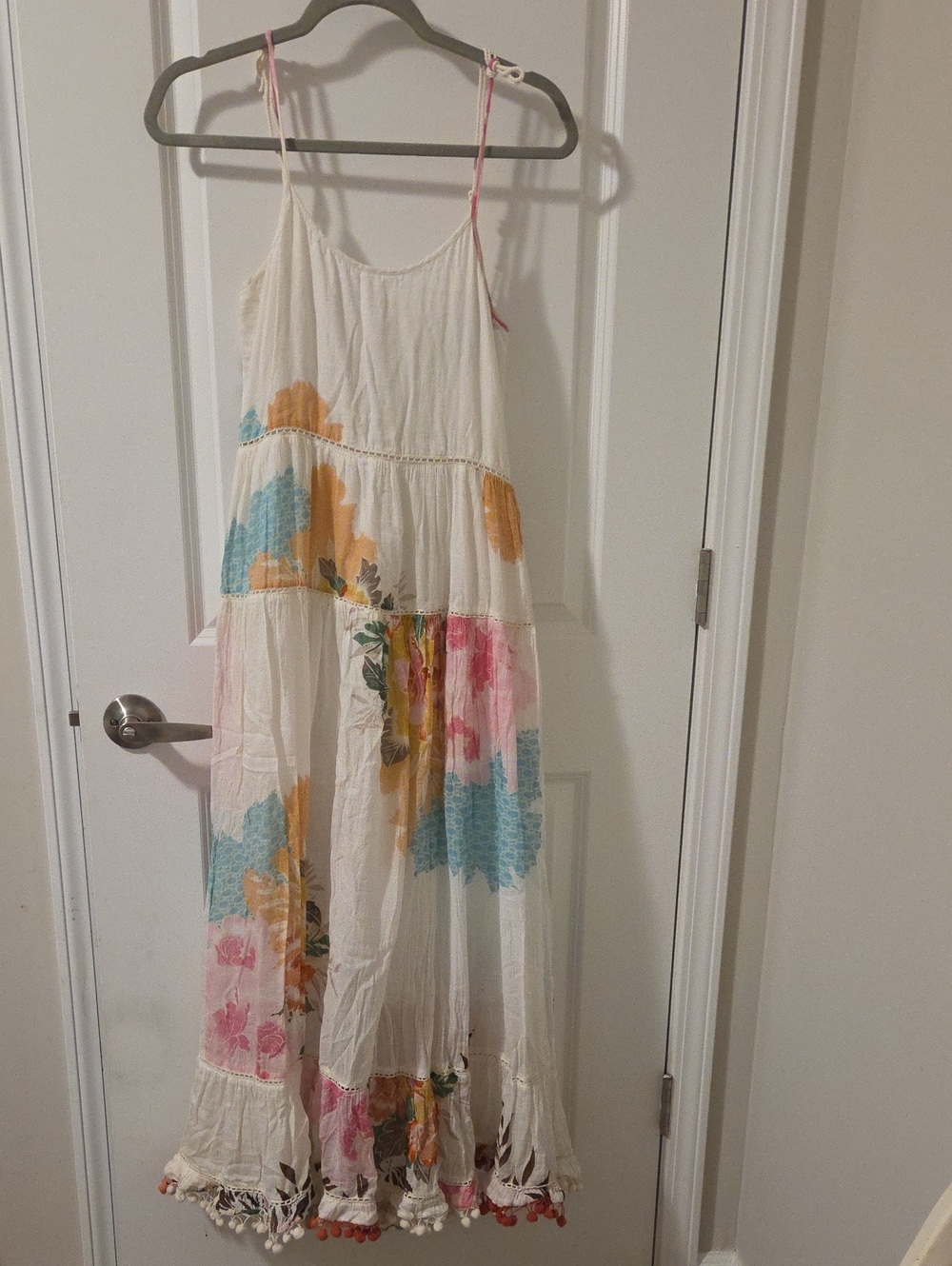 Cream Floral Maxi Sundress with Pink & Blue Accents